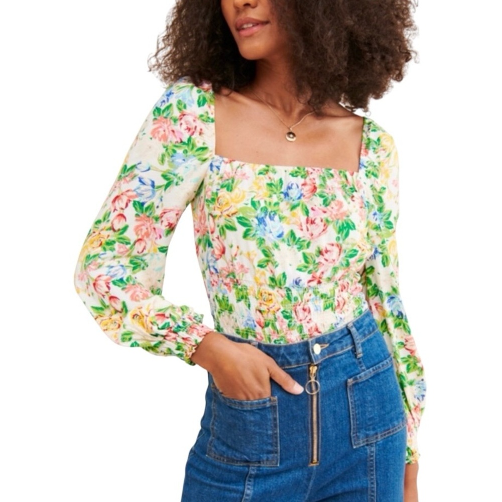 AFRM Floral Puff Sleeve Top Smocking Square Neck S Green Feminine Boho Cottage